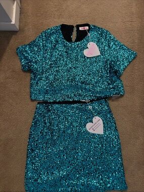 Buddy Love Teal Sequin Two-Piece Crop Top & Skirt Set